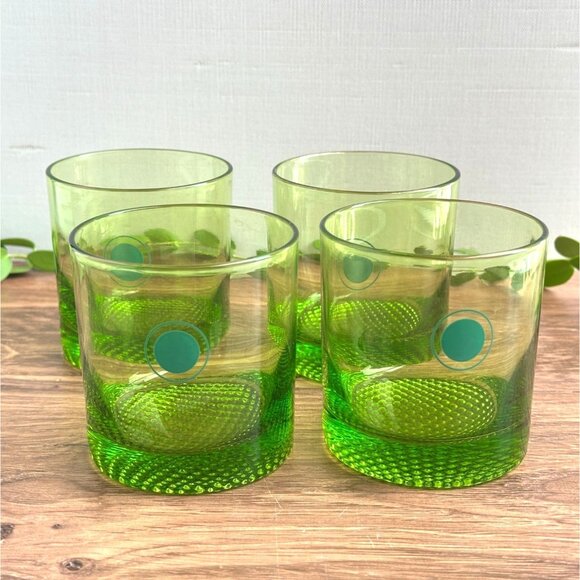 Mid-Century Green Bullseye Glasses, Set of 4, Space Age Cocktail Tumblers - Picture 2 of 7